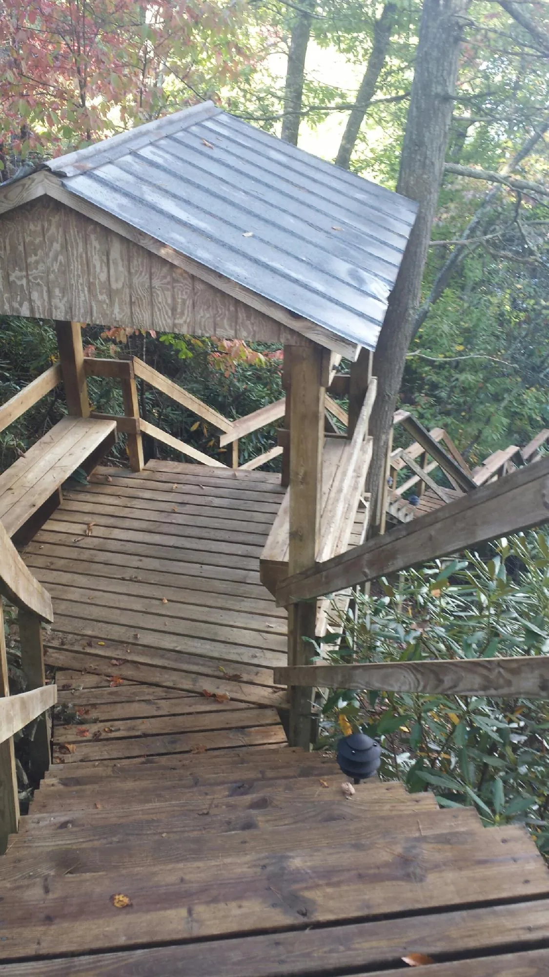 Metal roofed shelter over wooden steps on a wooded walkway — Skylight Repair & Installation work by our crew in Spring Creek